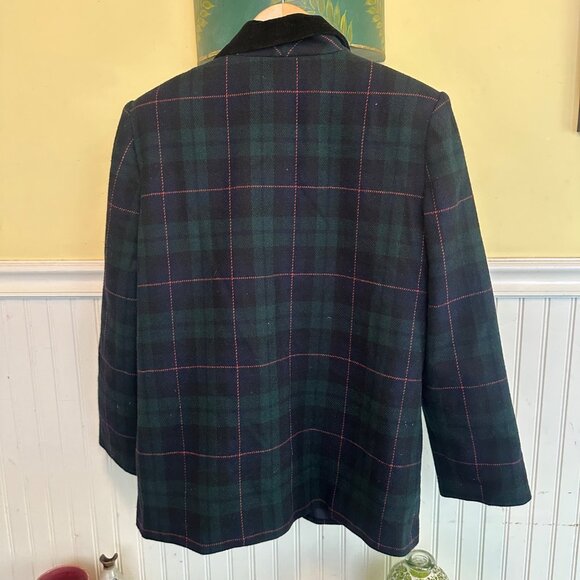 Sag Harbor Petite Green Plaid Blazer Jacket Size 10 Wool Blend Velvet Collar - Picture 2 of 7